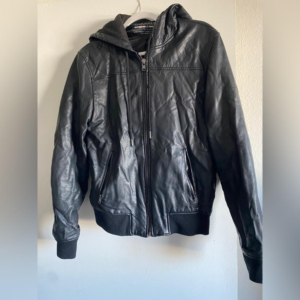 Narrows Black Faux-Leather hooded jacket